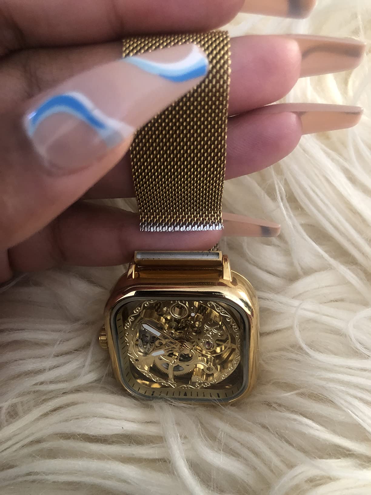 Automatic Watches Mechanical Wrist Watch Golden for Mens Skeleton Watches with Stainless Steel Transparent Dial with Royal Flower Movement Carving customer photo 2