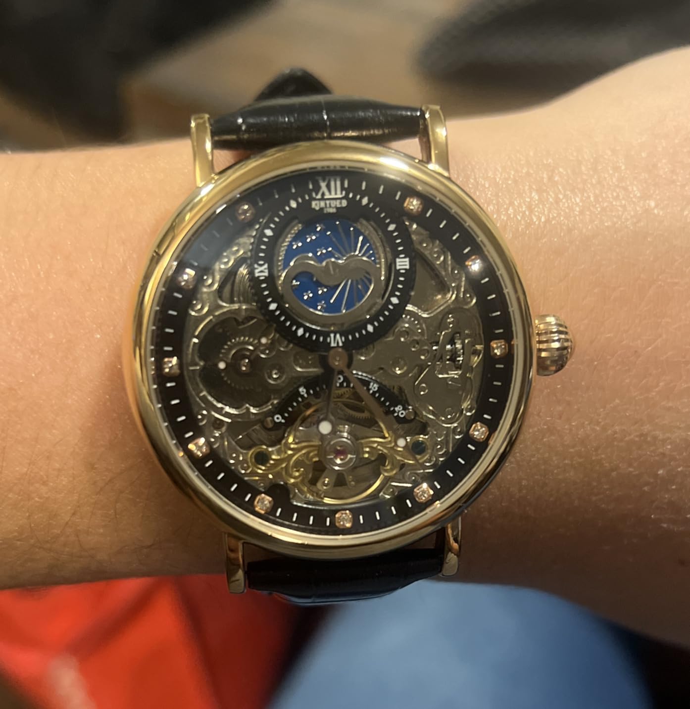 IK COLOURING Bestn Mens Luxury Skeleton Automatic Mechanical Wrist Watches Leather Moon Phrase Luminous Hands Self-Wind Watch customer photo 1