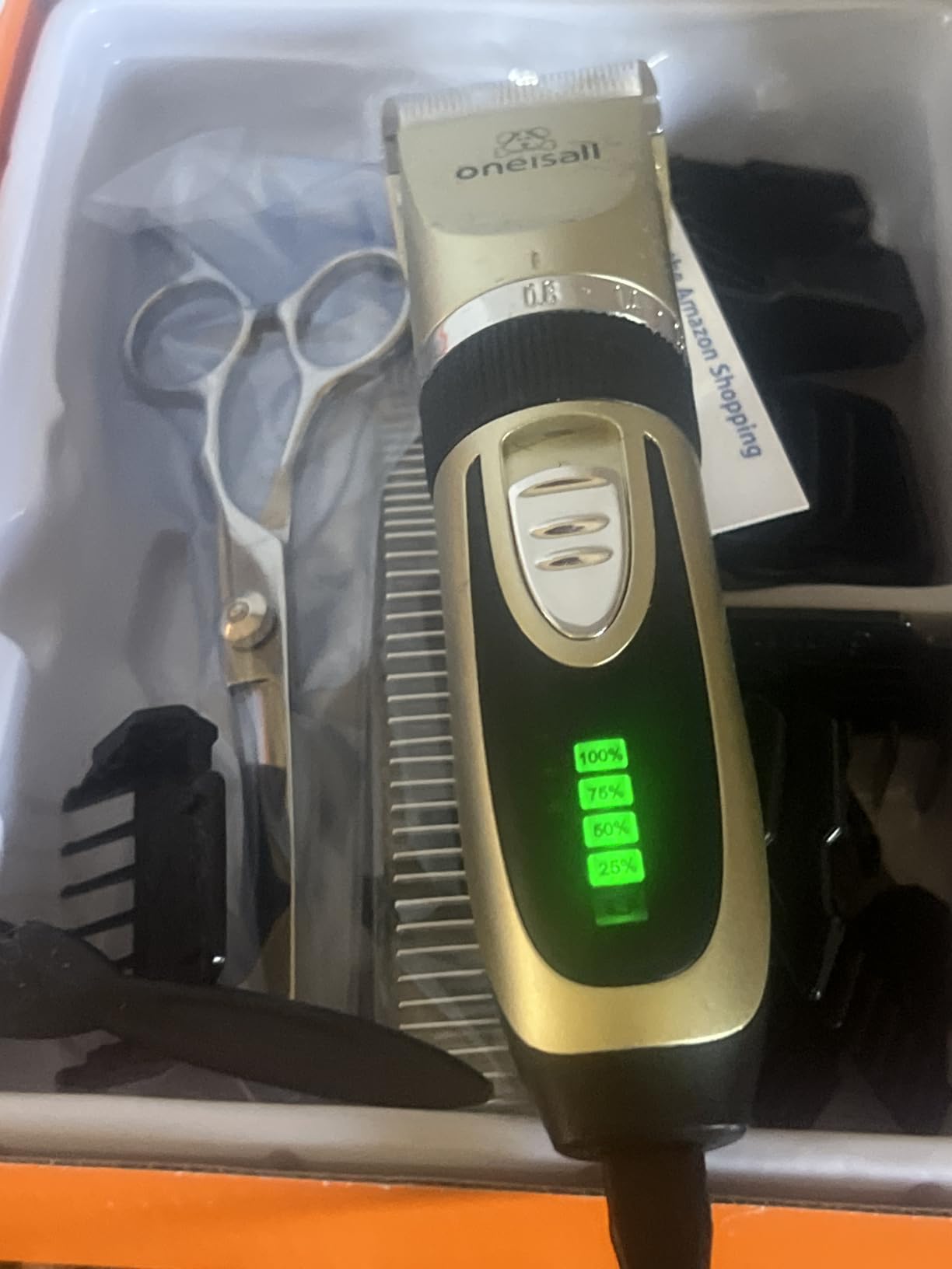 oneisall Dog Grooming Clippers with LED Display for Dogs & Cats | Low Noise Quiet, 2-Speed, Cordless Rechargeable, Fast Charge, Detachable, Waterproof, Battery Level Display, Model X2, Gold customer photo 2