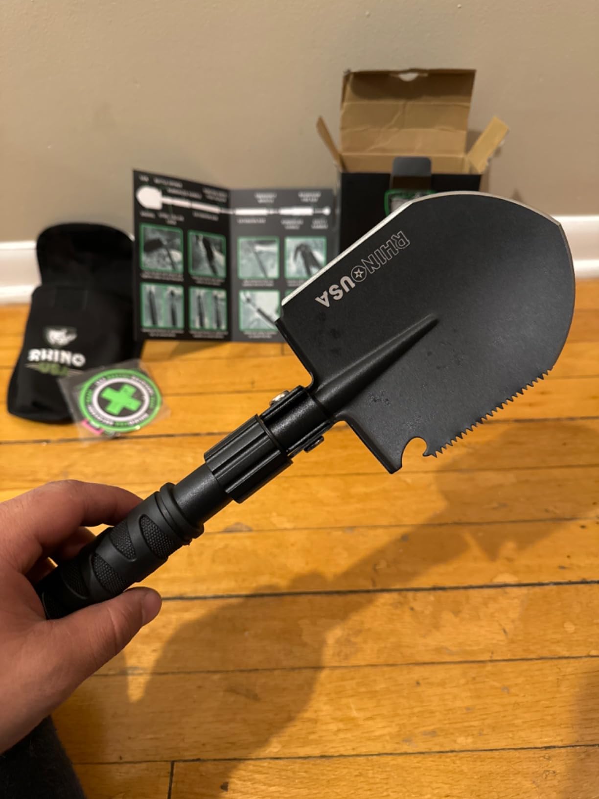 Rhino USA Survival Shovel with Pick - Military Style Entrenching Tool | Heavy Duty Carbon Steel Tool for Off-Road, Camping, Gardening, Beach. For Dirt, Sand, Mud & Snow, Compact Design. Black customer photo 1