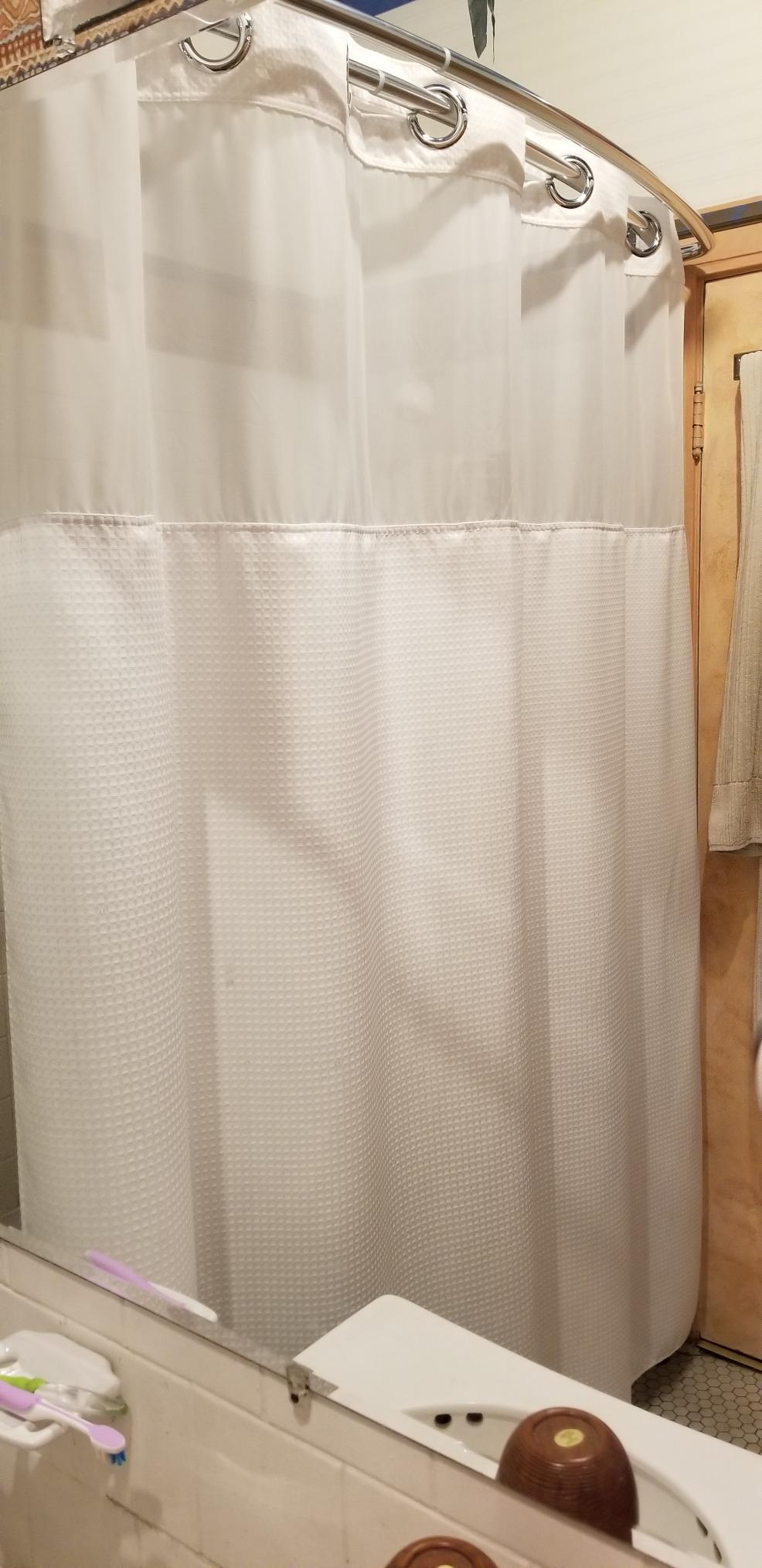71x74 White Waffle Weave Fabric No Hooks Shower Curtain with Removable Polyester Liner - Heavy Duty Bath Curtain with See Through Top Machine Washable customer photo 1