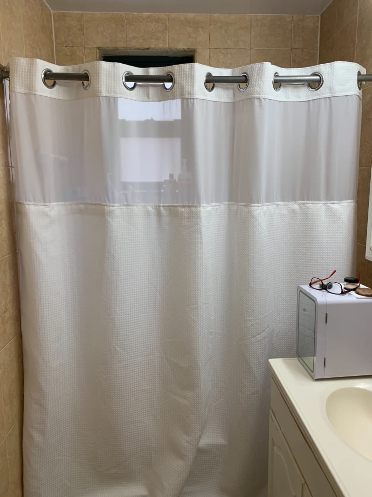 71x74 White Waffle Weave Fabric No Hooks Shower Curtain with Removable Polyester Liner - Heavy Duty Bath Curtain with See Through Top Machine Washable customer photo 2
