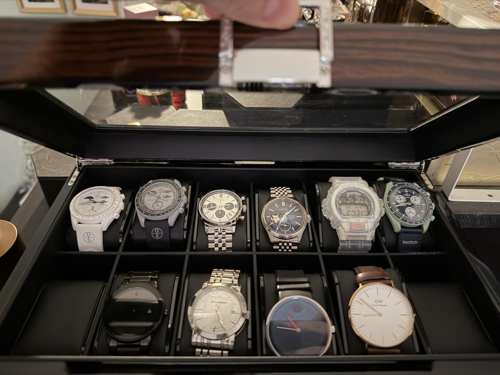 BEWISHOME High-End Watch Box 12-Slot Wooden Watch Case with Large Glass Lid | 2-Layer Watch Cases for Men, Brown Red SSH02Y customer photo 2