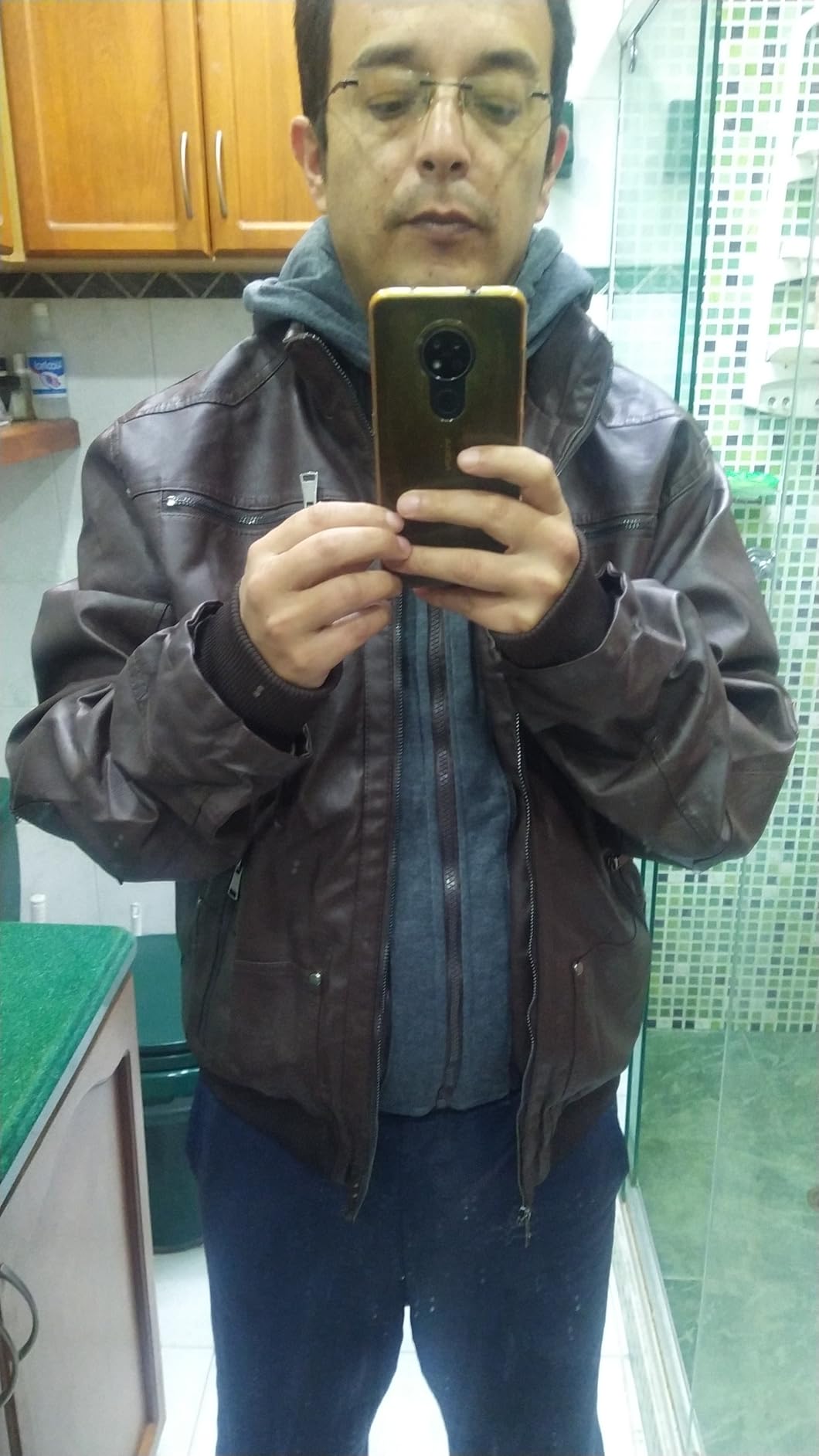 Men's Faux Leather Jacket Motorcycle Jacket Waterproof Windproof PU Moto Vintage Bomber Hoodie with Removable Hood customer photo 1