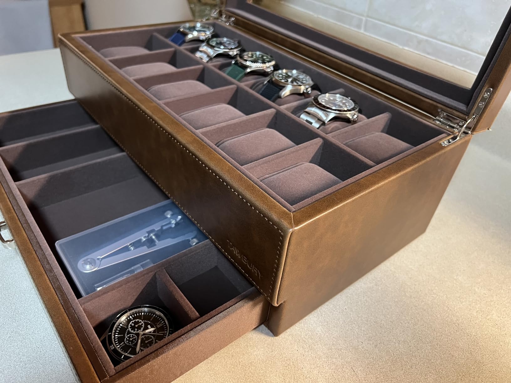 TAWBURY Watch Box for Men - 12 Slot Watch Case with Storage Drawer, Real Glass Display and 2-inch Wide Pillows for Large Watches (Brown) customer photo 1