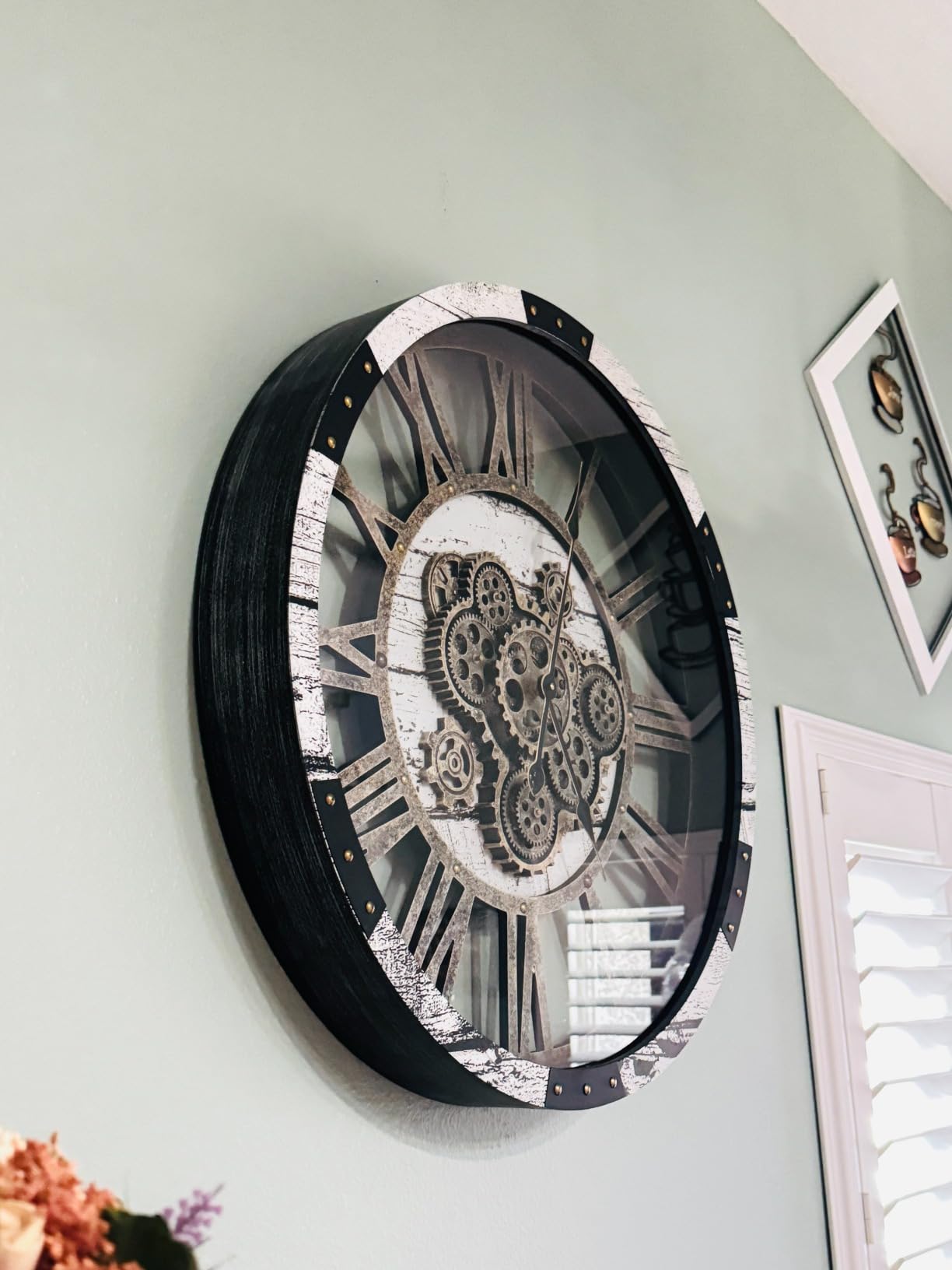 27 inch Large Real Moving Gears Wall Clock with Toughened Glass Cover, Oversized Vintage Solid Wood Farmhouse Clock, Giant Decorative Rustic Wall Clock customer photo 1