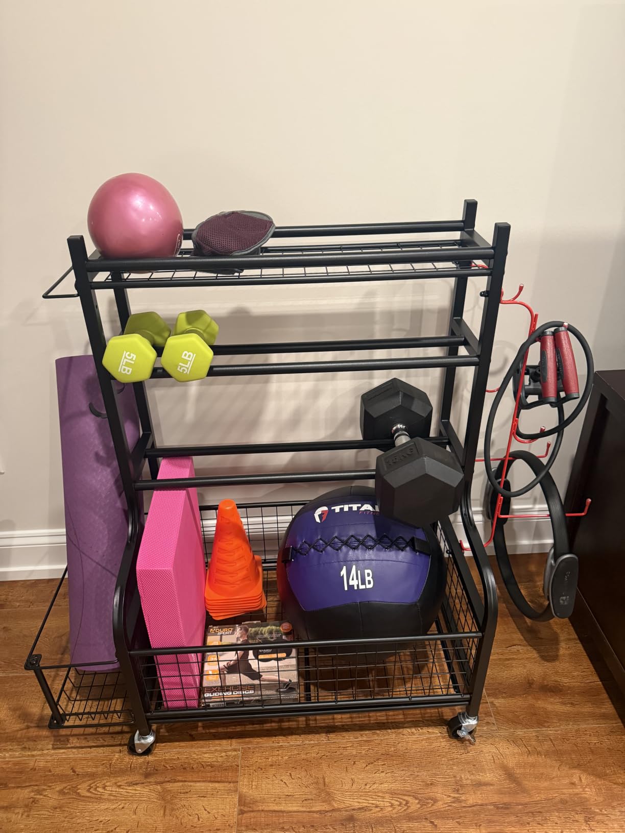 PLKOW Dumbbell Rack, Weight Rack for Dumbbells, Home Gym Storage for Dumbbells Kettlebells Yoga Mat and Balls, All in One Workout Storage with Wheels and Hooks, Powder Coated Finish Steel customer photo 1