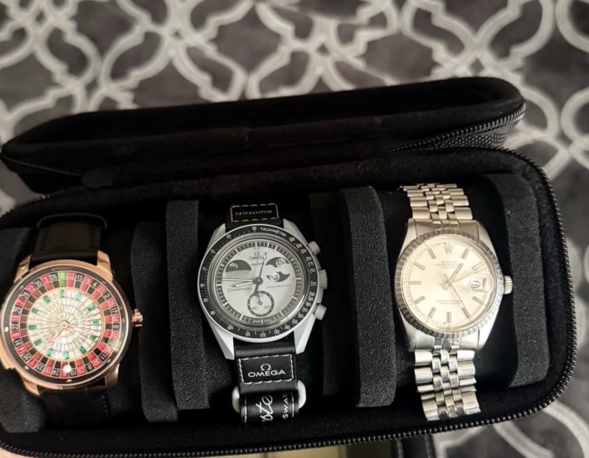 AUKURA 3 Slot Hard Watch Travel Case, Watch Roll Case Storage and Organizer for Men and Women, with anti-move watch pillow (Black fabric 3Slots) customer photo 1