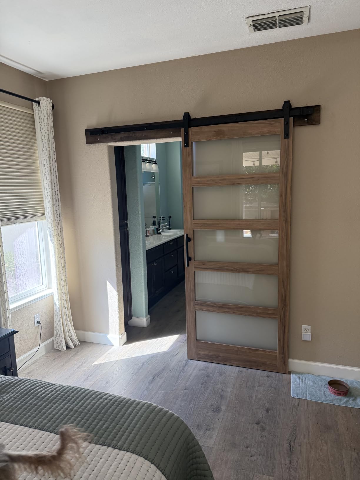 FREDBECK 36 x 84 inch Glass Barn Door with 6.6FT Track Kit, Interior Doors | Fit for 32in-34in Opening Handle Included, 5-Panel Frosted Glass, Water-Proof Surface, Pre-Drilled Holes, Need Assembly customer photo 1