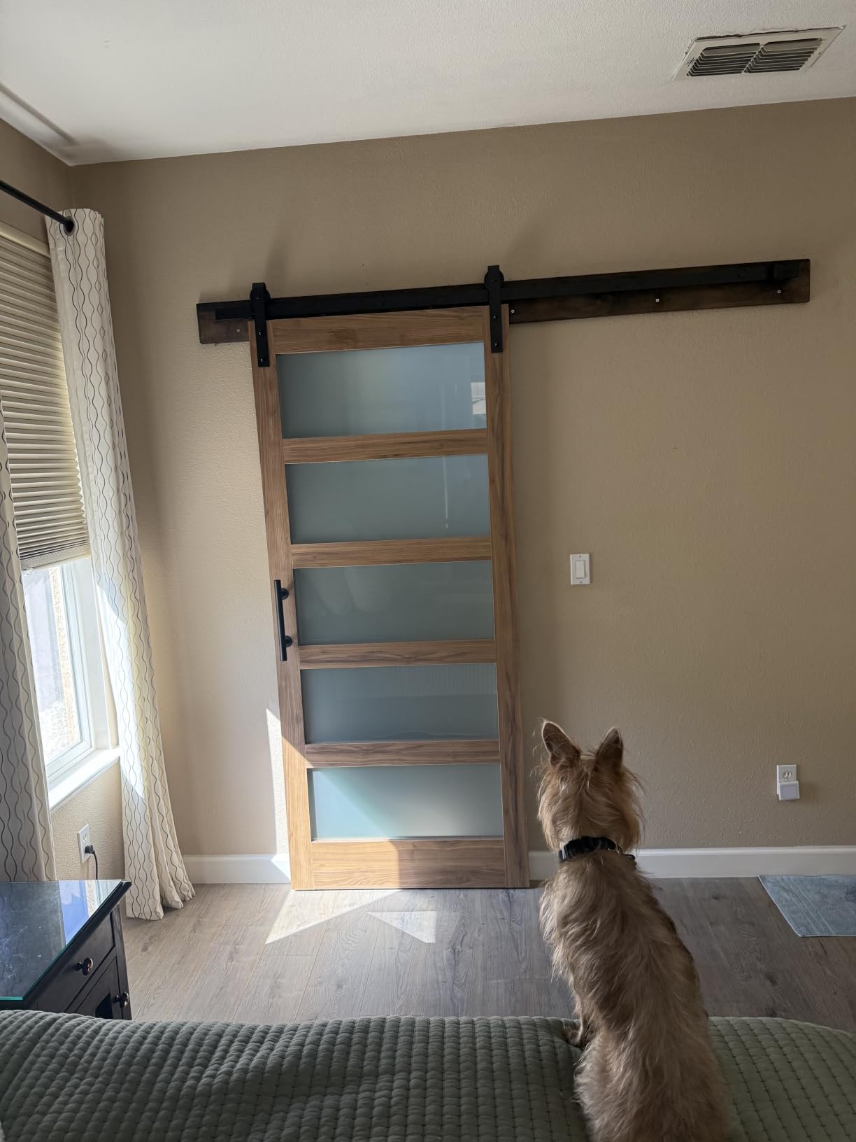 FREDBECK 36 x 84 inch Glass Barn Door with 6.6FT Track Kit, Interior Doors | Fit for 32in-34in Opening Handle Included, 5-Panel Frosted Glass, Water-Proof Surface, Pre-Drilled Holes, Need Assembly customer photo 2