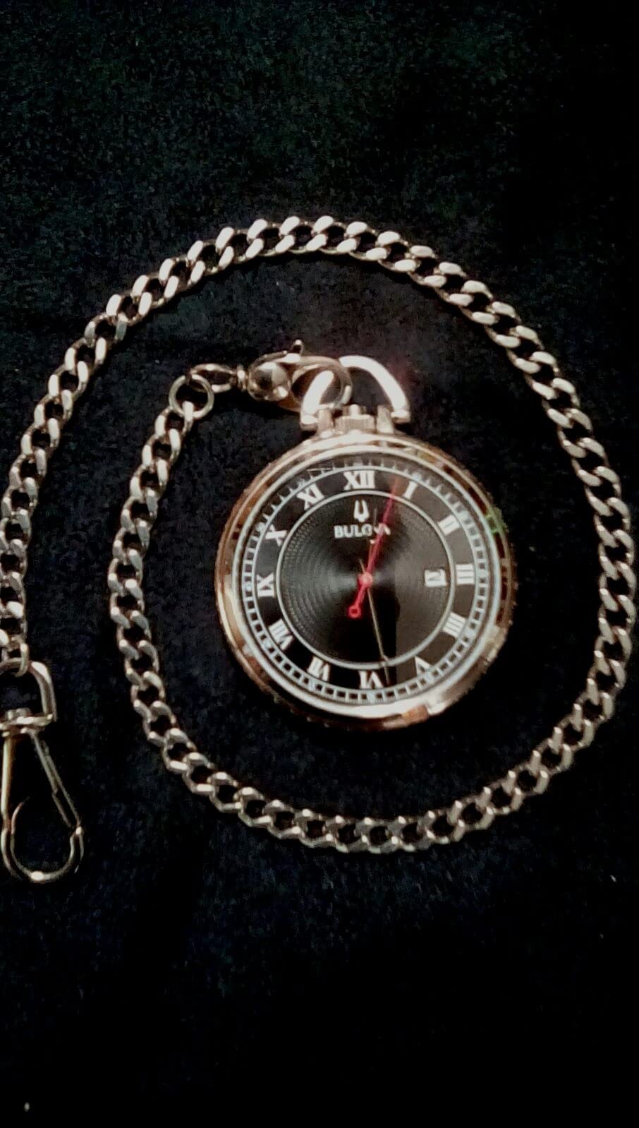 Bulova Classic Pocket Watch 3-Hand Date Quartz Stainless Steel, Black Dial with Detachable Chain Style: 96B308 customer photo 2