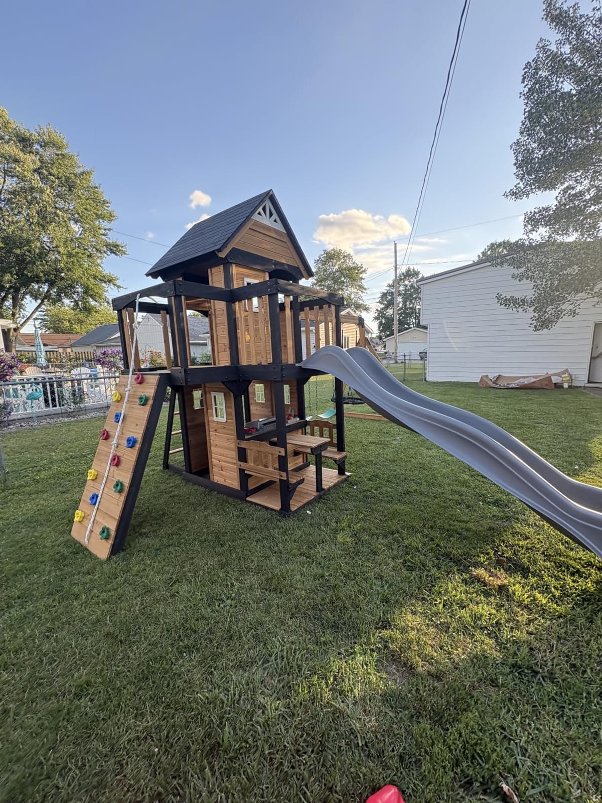 Backyard Discovery Canyon Creek Cedar Wood Swing Set with Wave Slide, Clubhouse, Play Kitchen, Picnic Area, Belt Swings, Web Swing, Rock Wall, Balconies, Playhouse, Step Ladder, Outdoor Playset customer photo 2