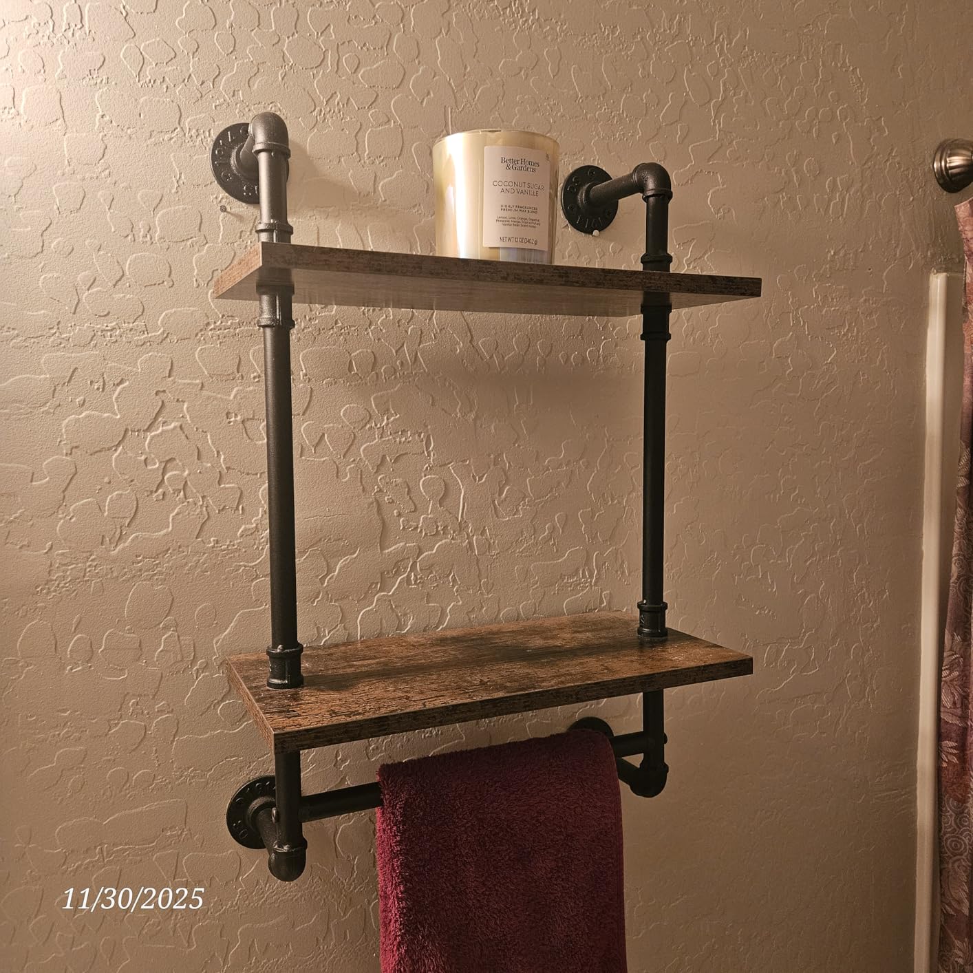 Helsin 2 Tier Industrial Pipe Floating Bathroom Shelves Wall Mounted with Towel Bar, Rustic Wood Wall Shelf, 16 Inch Metal Towel Rack Storage Bookshelf for Bathroom, Kitchen, Farmhouse, Living Room customer photo 1