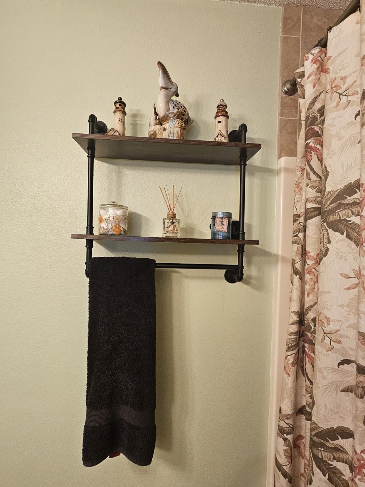 Helsin 2 Tier Industrial Pipe Floating Bathroom Shelves Wall Mounted with Towel Bar, Rustic Wood Wall Shelf, 16 Inch Metal Towel Rack Storage Bookshelf for Bathroom, Kitchen, Farmhouse, Living Room customer photo 2