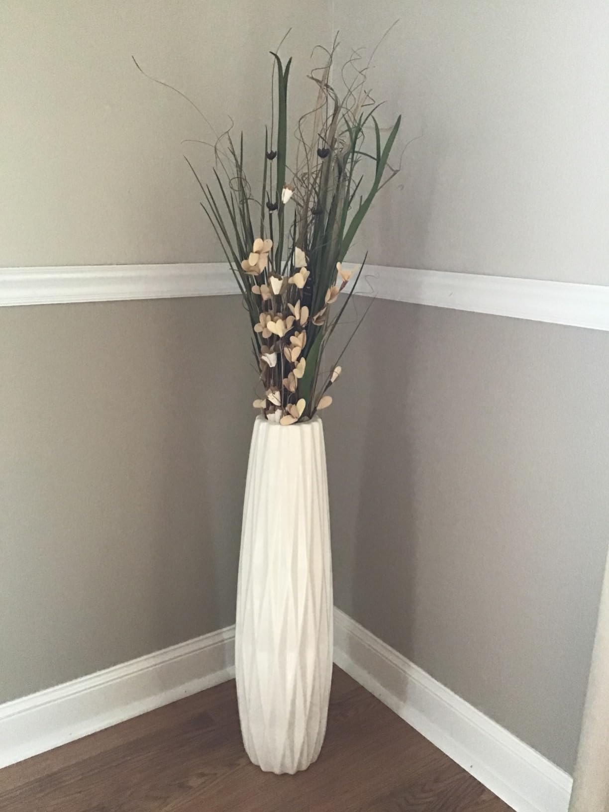 White Tall Ceramic Floor Vase, 28 Inch, Ribbed Design, Large Decor | Glossy Glazed Finish, Spacious Rooms, Statement Corners, Fireplace, Dried Branches customer photo 1