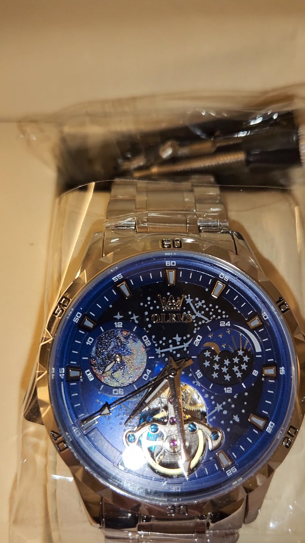 OLEVS Self Winding Watches for Men Automatic Mechanical Skeleton Luxury Dress Waterproof Moon Phase Tourbillon Chronograph Stainless Steel Luminous Wristwatch customer photo 1