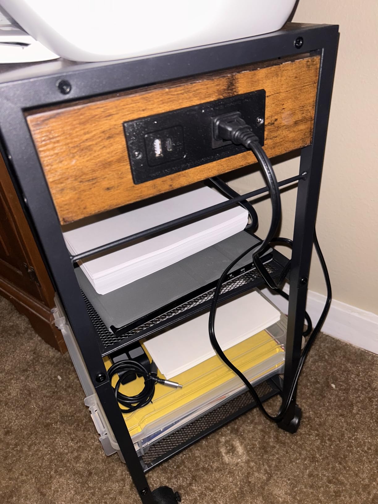 HOOBRO Industrial Printer Stand, 3-Tier Mobile Printer Table, Rolling Cart with Power Outlets and USB Ports, Home Printer Stand with 2 Hooks, for Office, Living Room, Rustic Brown BF22UPS01 customer photo 2