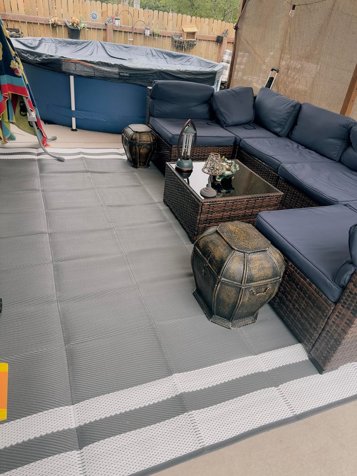 HappyTrends Outdoor Rug Portable Plastic Straw Camping Rugs for Outside RV | Large Reversible Waterproof Outdoor Area Rugs for Patio,Deck,Porch,Balcony(5'x 8',White&Gray) customer photo 2