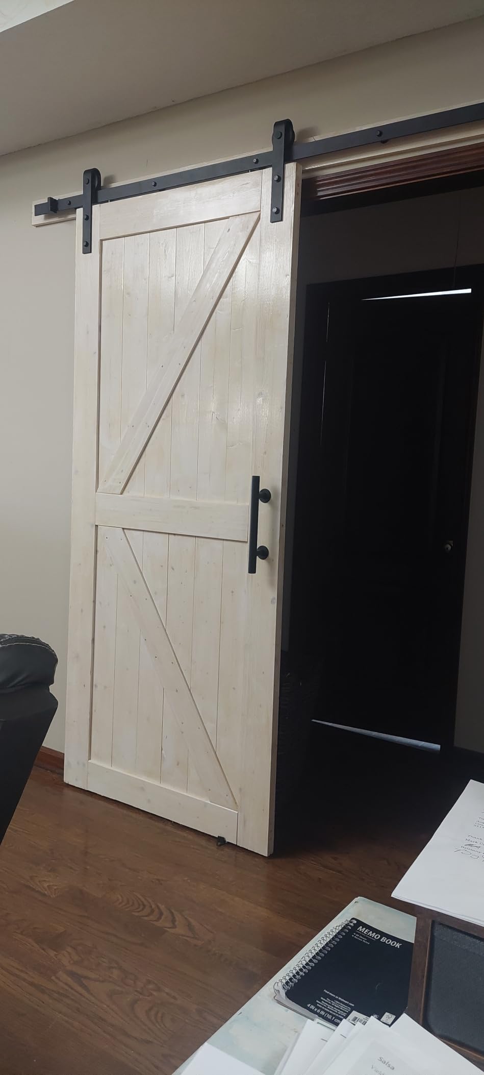 SMARTSTANDARD 36in x 84in Sliding Barn Door with 6.6ft Barn Door Hardware Kit Included, Unfinished Solid Spruce Wood Door, Assembly Required, DIY, Stainable, Natural customer photo 1