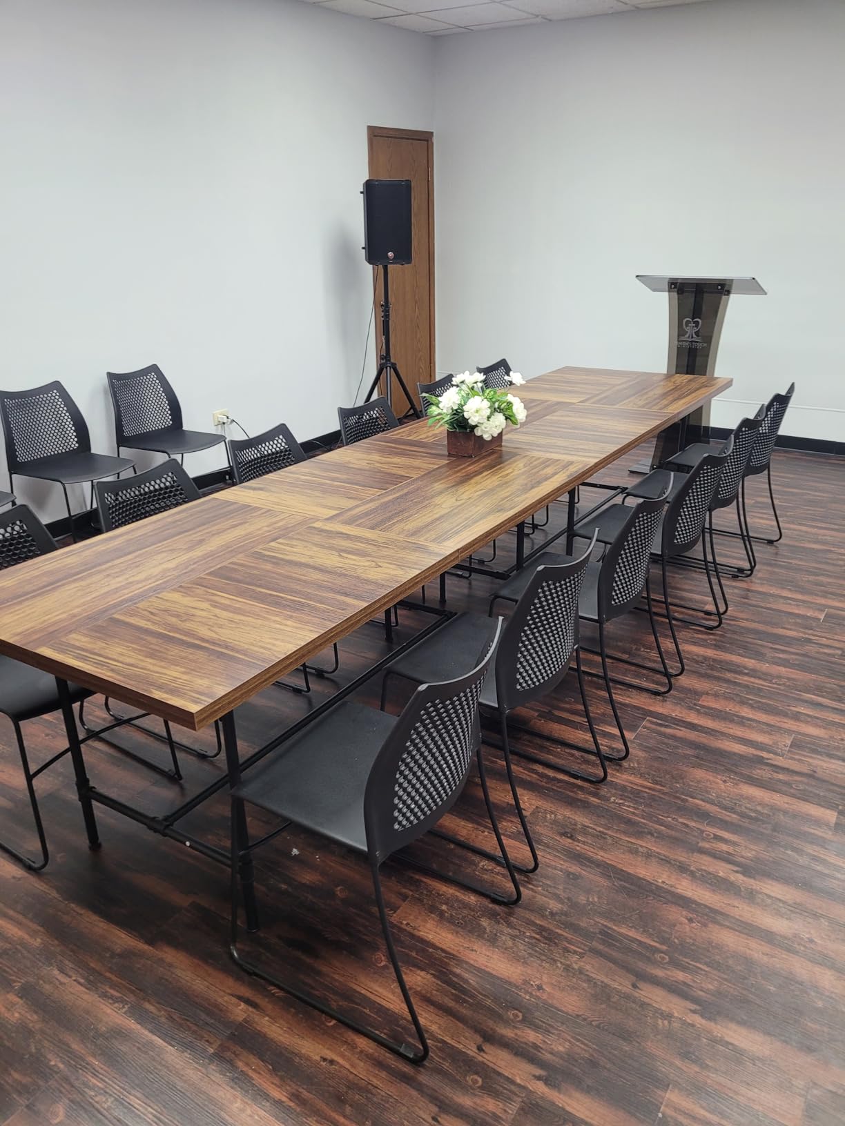 Tribesigns 8FT Conference Table, 94.48L x 47.24W x 29.52H Inches Boat Shaped Meeting Table with Rectangle Grommet, Modern Seminar Boardroom Table for Office Conference Room (8ft, Walnut & Black) customer photo 2