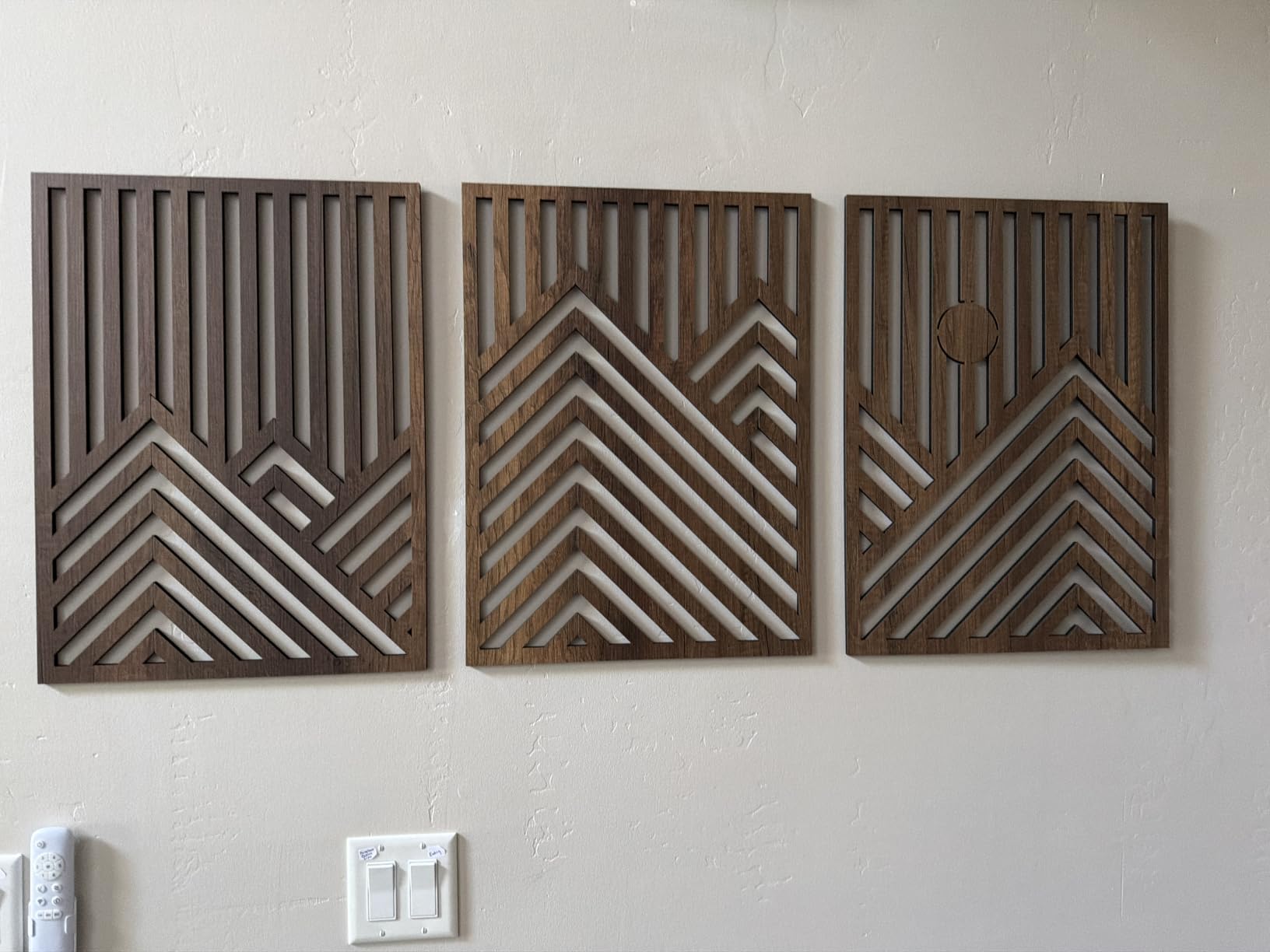 qmmp Modern Wooden Wall Sculptures - Set of 3 - Home Decor Accent - Large Wall Art for Living Room, Bedroom, Office - Easy Installation (Oak, Medium - Mountain and Sun) customer photo 2