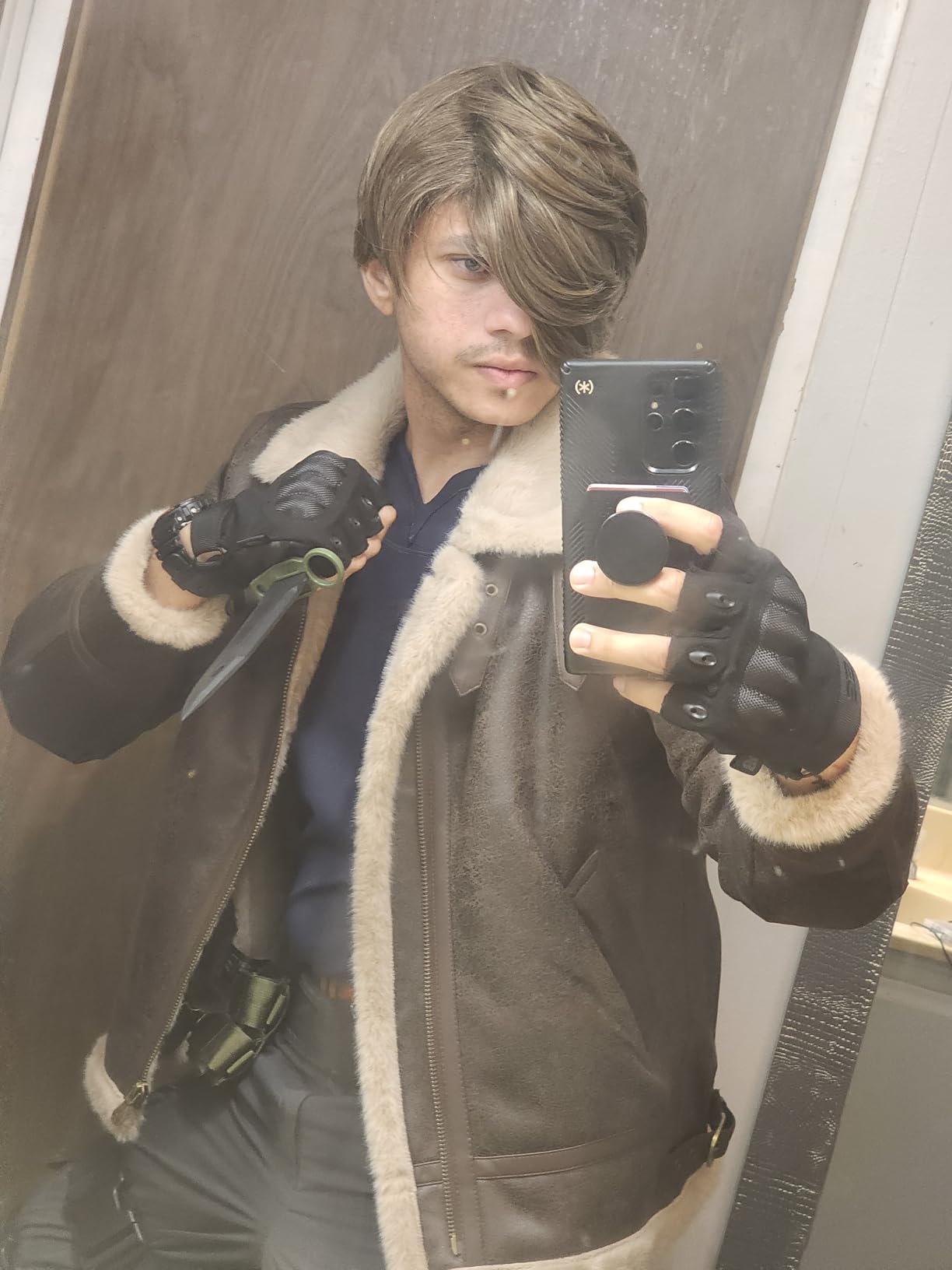 Mens Fur Outdoor Jacket Leather Bomber Shearling Cosplay Coat Brown customer photo 2