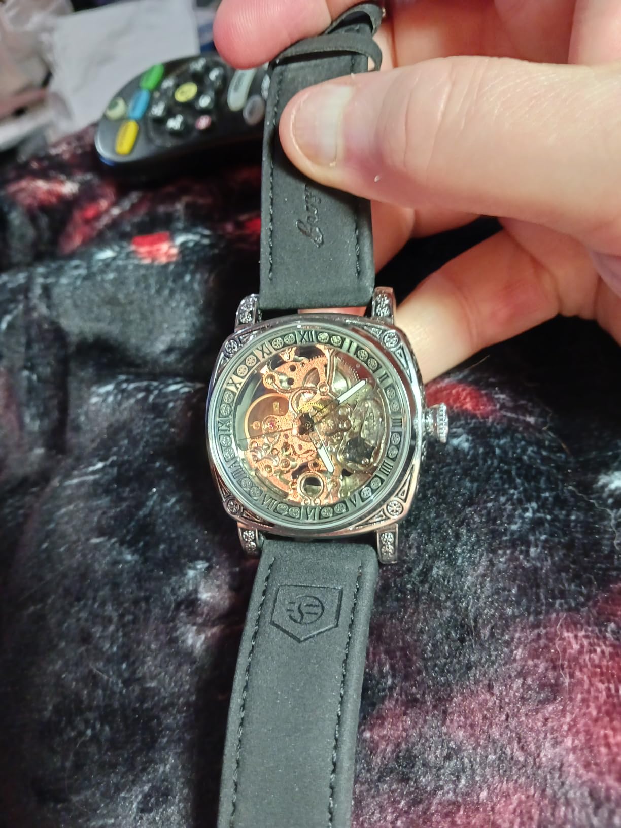 Square Retro Mechanical Watch Self-Wind Carved Skeleton Automatic Vintage Leather Strap Wristwatch customer photo 1
