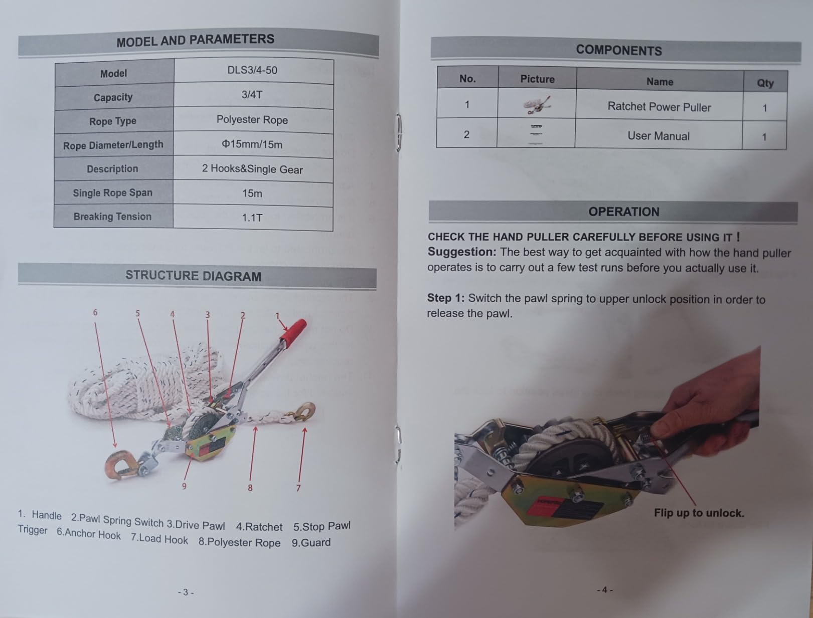 Rope Puller 3/4 Ton Capacity with 100' of 0.6