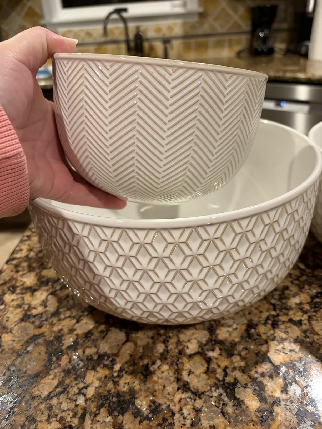 KooK Ceramic Mixing Bowls, Nesting Set of 4, Embossed Kitchen Dishware, Prep, Serving, Gift, Microwave and Dishwasher Safe, 20/44/98/145 oz, Narbonne Collection (Ivory) customer photo 2