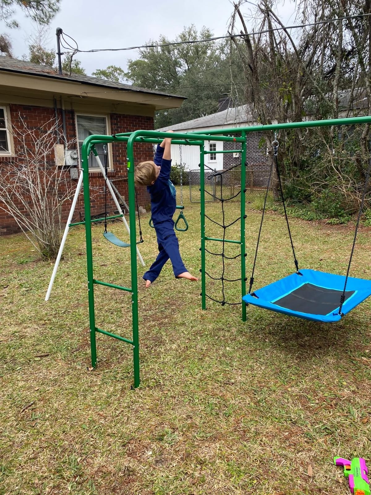 Hapfan Swing Sets for Backyard with Monkey Bars, 5 in 1 Playground Set | Monkey Bars + Belt Swing + Platform Swing + Climbing Net + Trapeze Bar, ASTM Tested | CPSC Safety Compliant (White & Green) customer photo 2