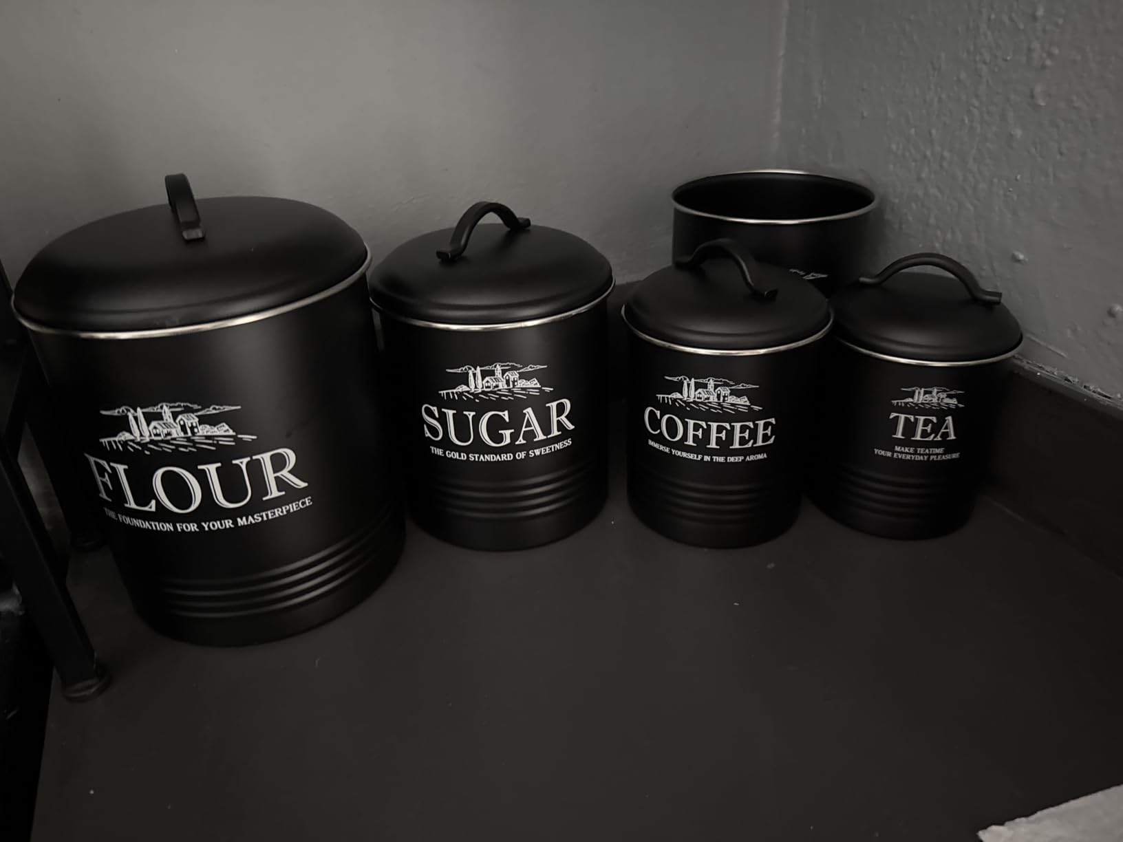 5-Piece Farmhouse Kitchen Canister Sets for Kitchen Counter | Flour, sugar, coffee, tea; airtight kitchen canisters for countertop plus utensil holder; metal; gift-ready; cream white customer photo 1
