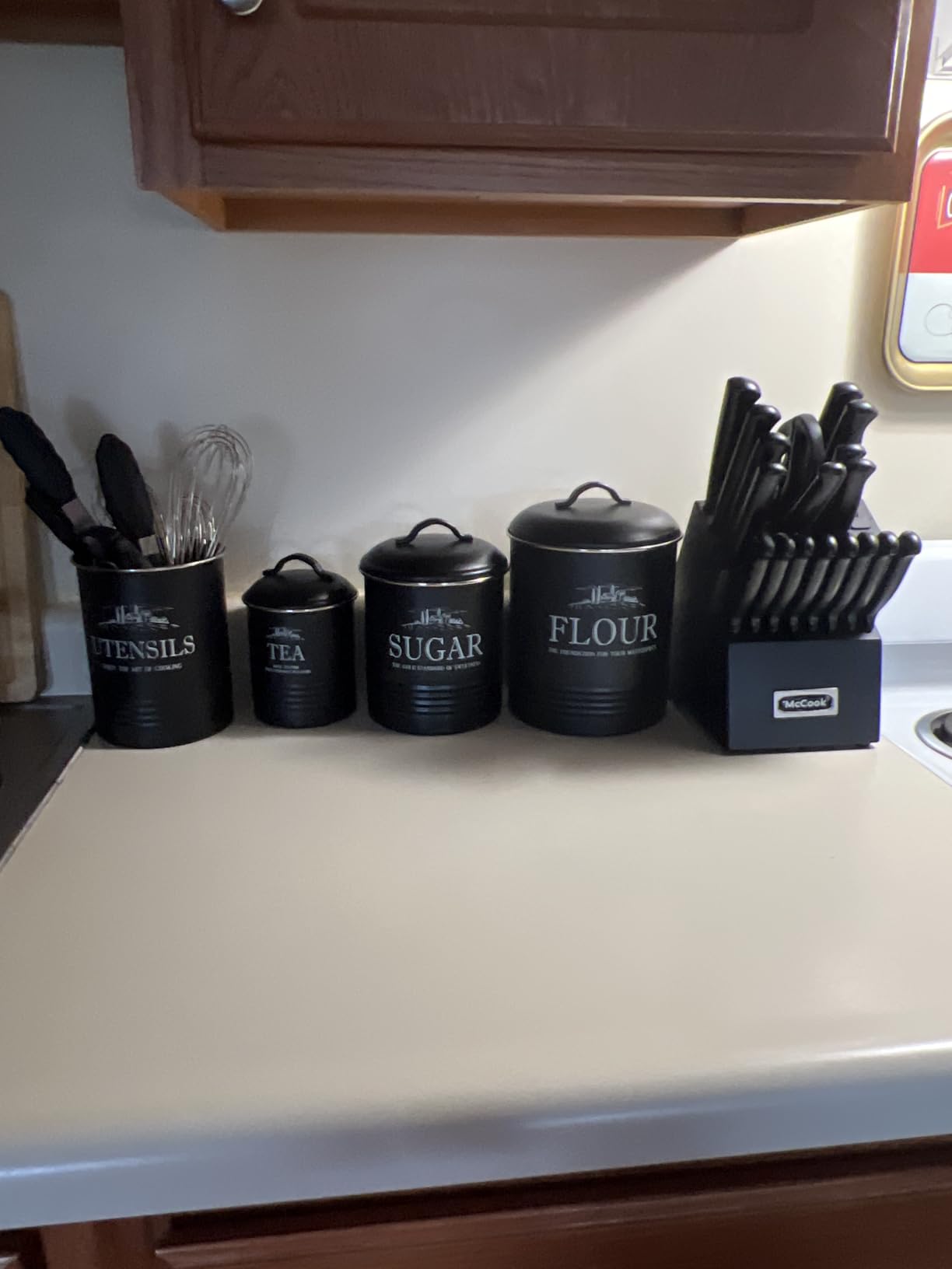 5-Piece Farmhouse Kitchen Canister Sets for Kitchen Counter | Flour, sugar, coffee, tea; airtight kitchen canisters for countertop plus utensil holder; metal; gift-ready; cream white customer photo 2
