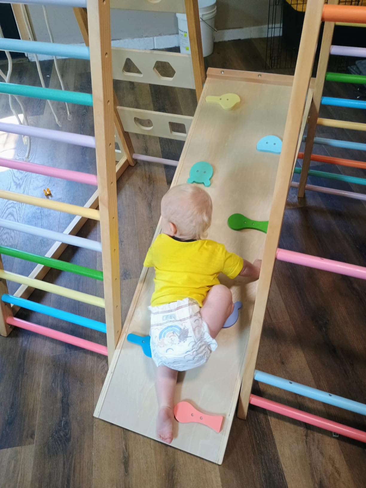 BlueWood Upgraded Indoor Jungle Gym 9-in-1 Playground Kids Climbing Toys | Waldorf Style Wooden Climber Playset with Slide, Swing, Monkey Bars, Upright/Rope Ladder, Climb Net, Rainbow customer photo 2