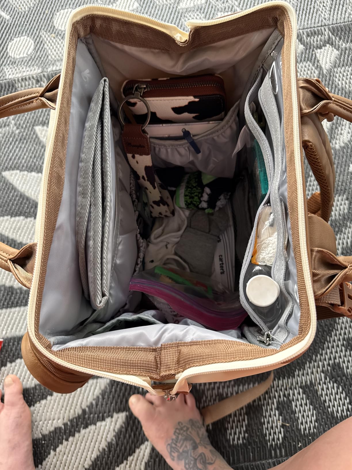 BabbleRoo Leather Diaper Bag Backpack, Multifunction Large Bags with Changing Pad & Stroller Straps & Pacifier Case, Unisex Stylish Travel Back Pack Nappy Changing Bag for Moms Dads (Caramel Cream) customer photo 1