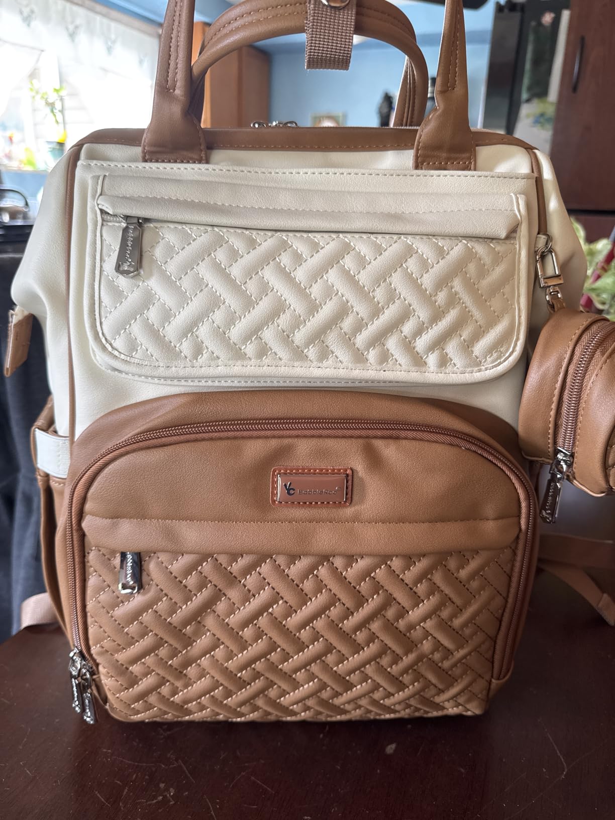 BabbleRoo Leather Diaper Bag Backpack, Multifunction Large Bags with Changing Pad & Stroller Straps & Pacifier Case, Unisex Stylish Travel Back Pack Nappy Changing Bag for Moms Dads (Caramel Cream) customer photo 2