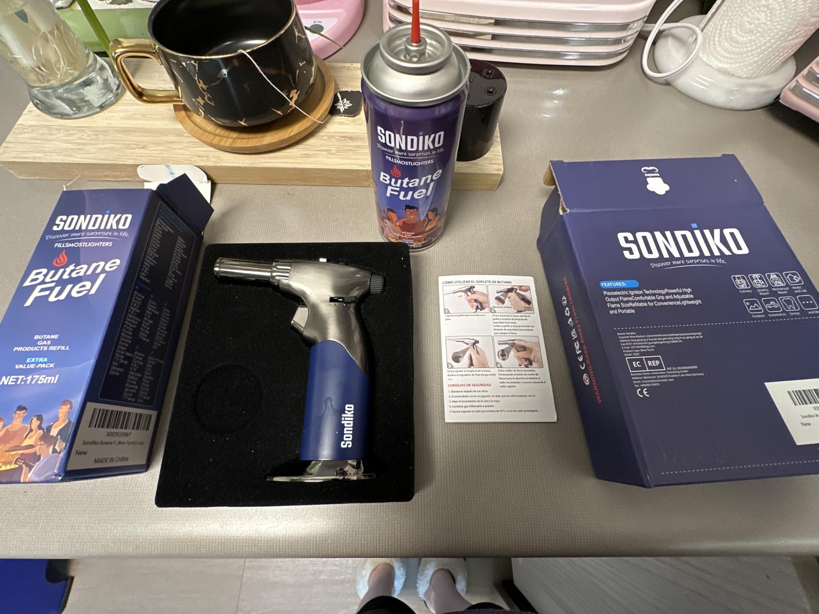 Sondiko DUAL Style Flame Butane Torch Lighter | Refillable Blow Torch with Continuous Flame Lock, Adjustable Torch for Creme Brulee, Cooking, BBQ, DIY (Golden Brown) customer photo 2