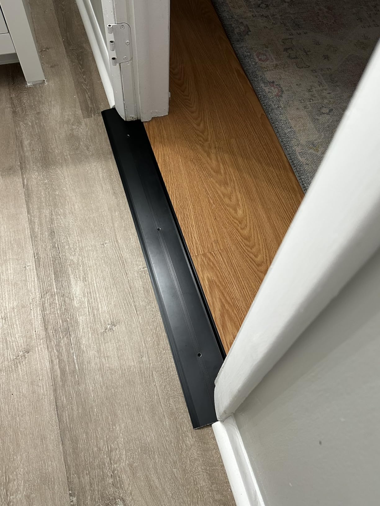 Aluminum Metal Door Threshold, Floor Transition Strip, 36'' L x 2.4'' W x 0.1'' H, Flat-Profile Threshold, Flooring Gaps Carpet Vinyl Wood, Stylish Doorway Transition Draft Protection (Black) customer photo 2