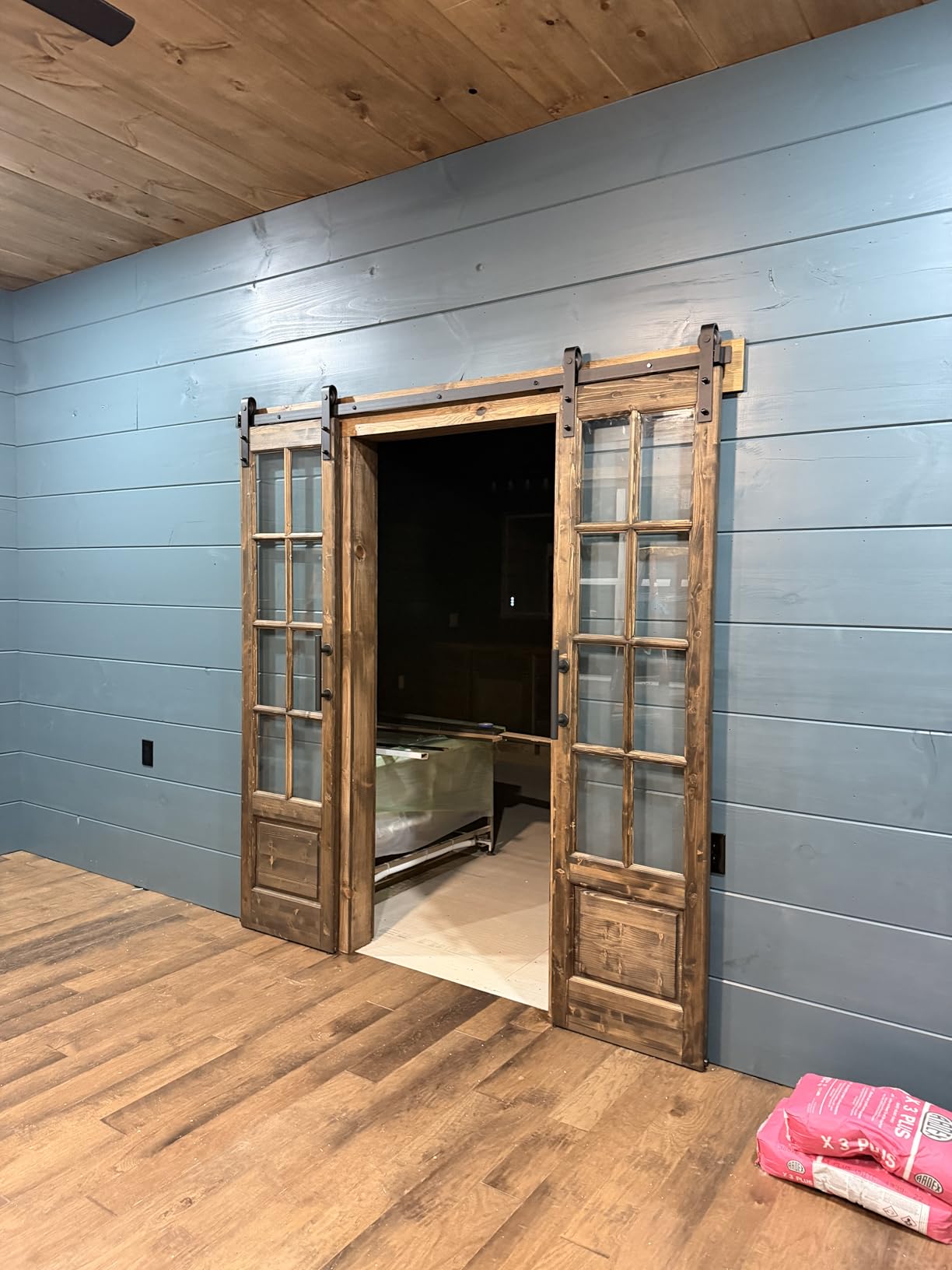 Preassembled 48x84 (Double 24x84) Inch Clear Glass French Interior Door with 8Ft Barn Door Hardware Kit Included, Spruce Wood Support DIY Dyeing, Easy Assembly customer photo 2
