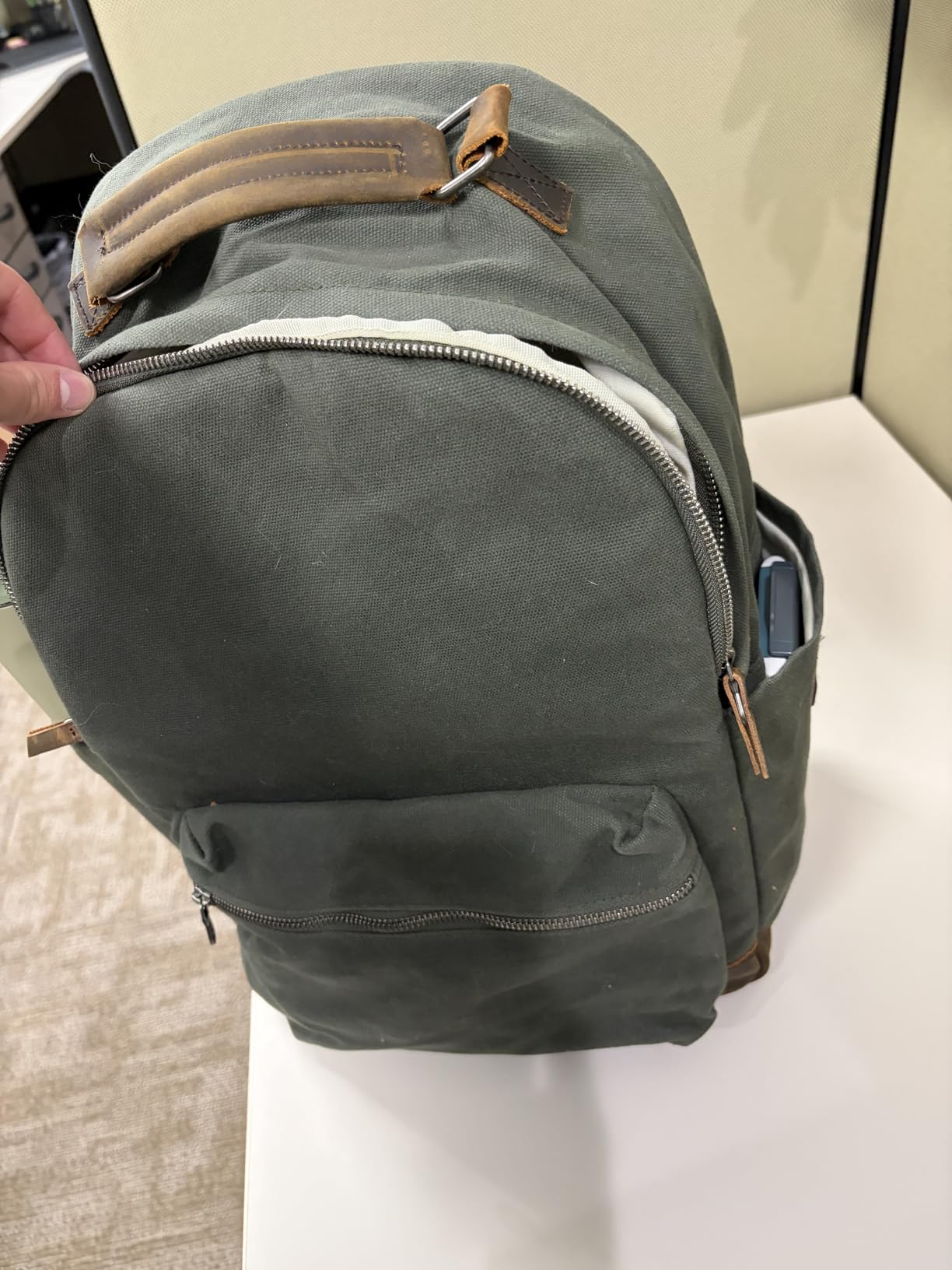 Double Oak Essentials Canvas Leather Backpack, Waxed Canvas with Full-Grain Cowhide Trim, Vintage Style Daypack, Army Green (Forest Green) customer photo 1