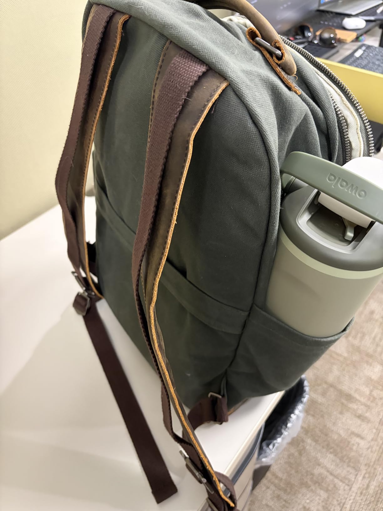 Double Oak Essentials Canvas Leather Backpack, Waxed Canvas with Full-Grain Cowhide Trim, Vintage Style Daypack, Army Green (Forest Green) customer photo 2