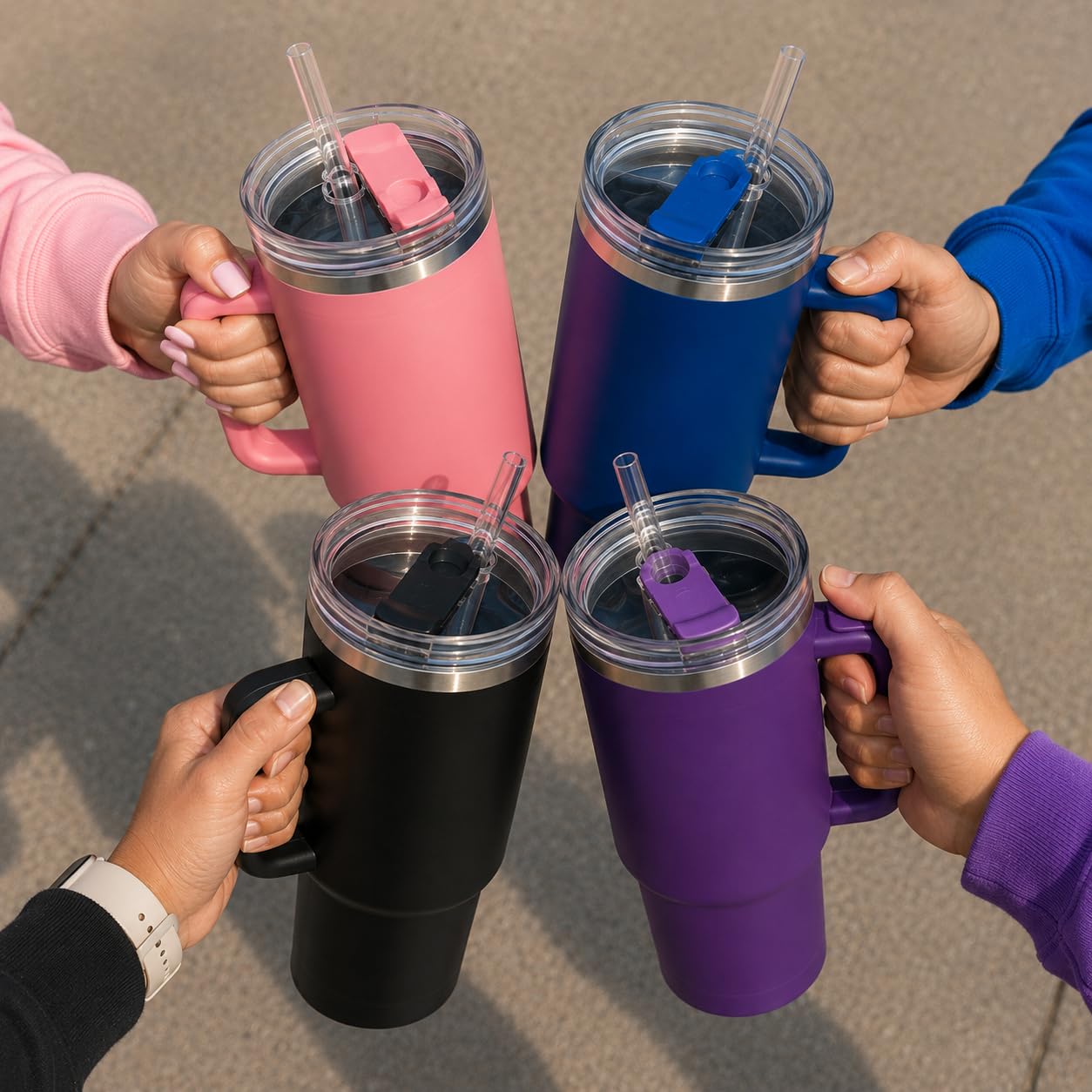 4 Pack 40 Oz Tumbler with Handle Bulk, Double Wall Vacuum Insulated Stainless Steel Tumbler with Lid and Straw, 40 oz cup with Silicone Spill Proof Stopper Set (Cream,Purple,Dark Green,Rose Quartz) customer photo 1