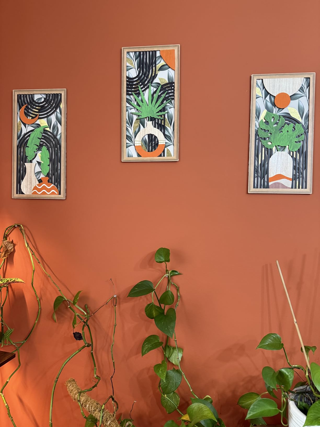 Putuo Decor Boho Mountain Wall Art Set of 3, Rustic Wooden Wall Decor, Nature-Inspired Geometric Artwork, Mid-Century Modern Aesthetic for Living Room, Bedroom, Office Brown 16.5 x 8.6 inch customer photo 1