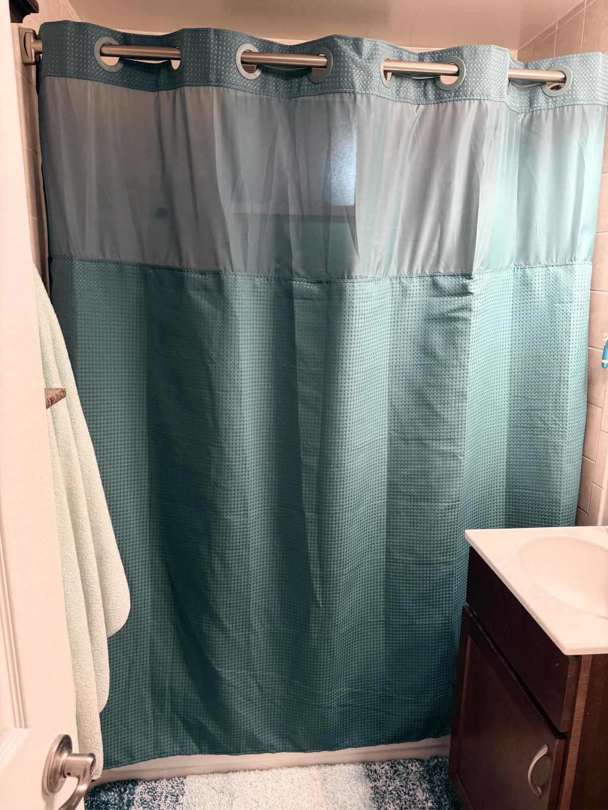 RiverDream Heavyweight Waffle No Hook Shower Curtain with Liner, White, 71x77 | Dotted Waffle, Snap-in Liner, Heavy Duty, Quick Dry, Mesh Top Window, With Bottom Magnets, Hotel-Grade, Washable, Long Size customer photo 2