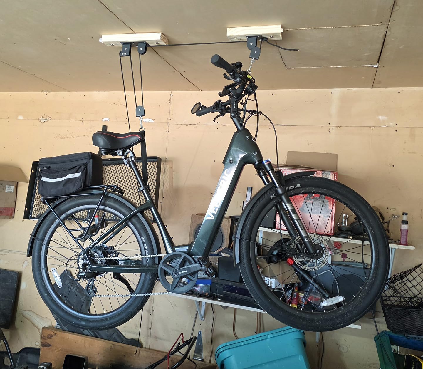 TRUSOON Bike Hoist, Heavy Duty Ebike Pulley System for Garage Ceiling, 85lb | Quick-release straps replace metal hooks; ebike-rated; fits 10-16 ft ceilings; auto-lock safety; for ladders & snowboards customer photo 2