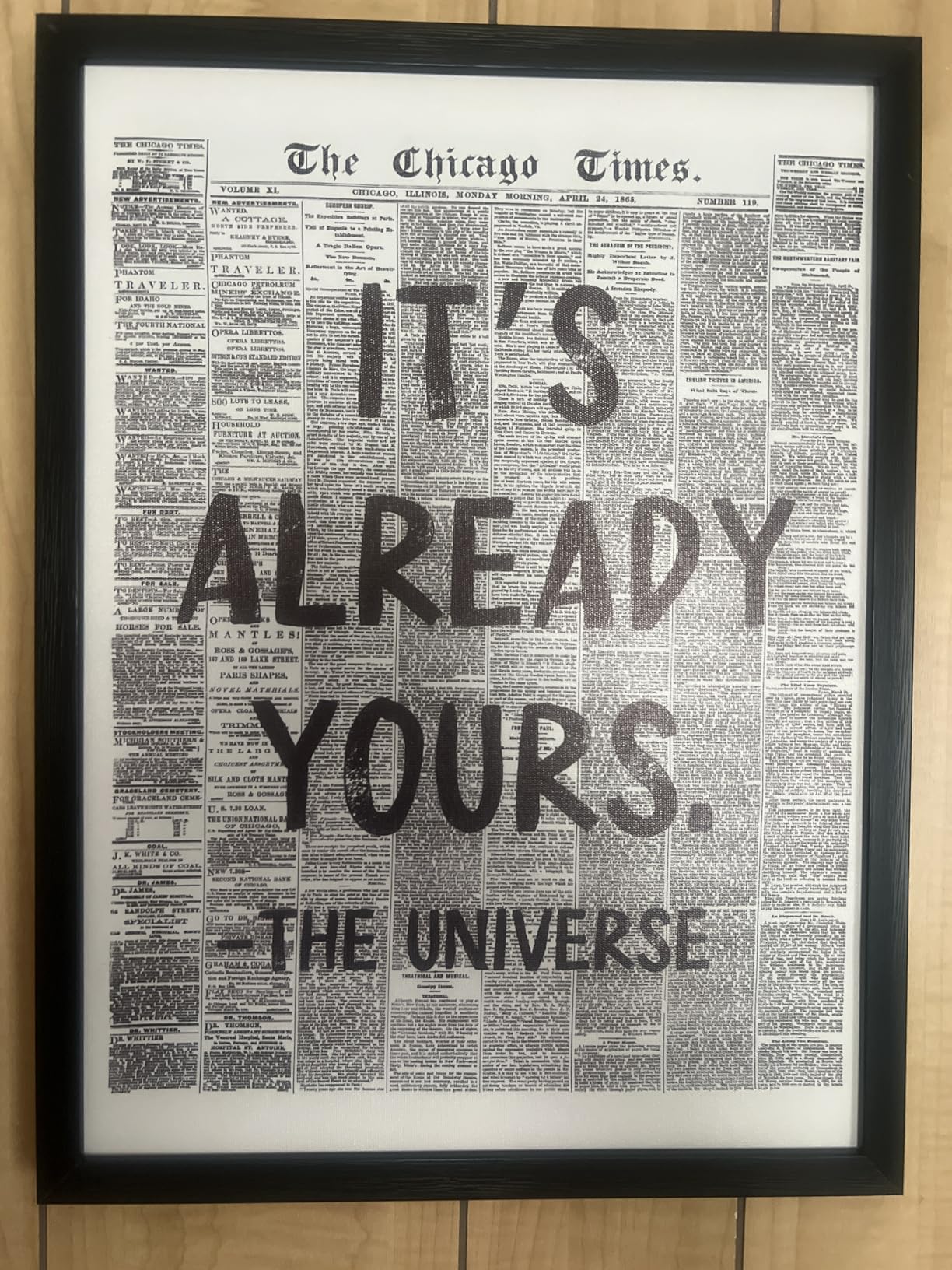 Framed Black And White Retro Newspaper Wall Art Motivational Office Decor | ItS Already Yours Universe Quote Poster Trendy Positive Inspirational Canvas Print for Bedroom Apartment Dorm 8x12inch customer photo 1