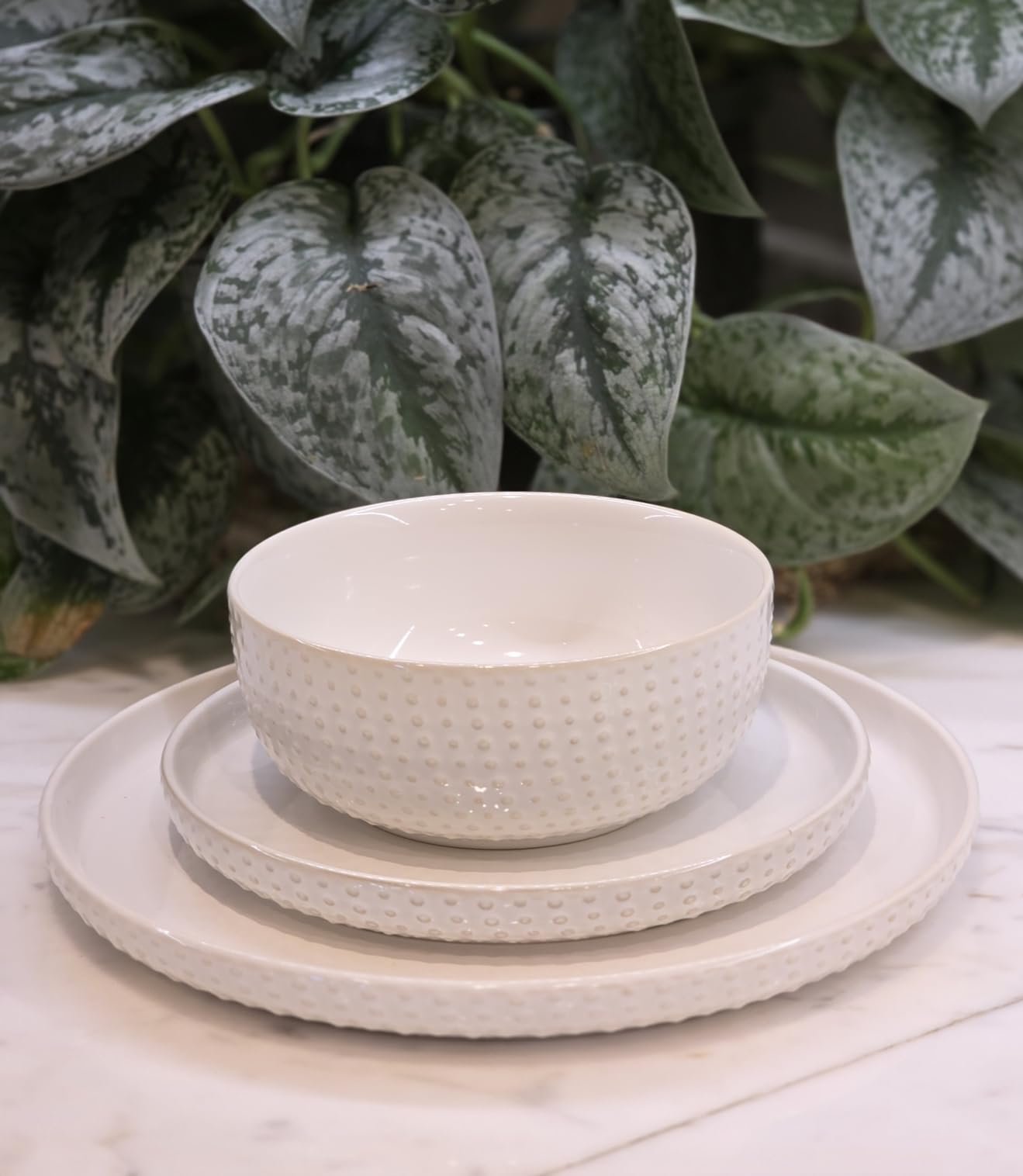 24 Piece Dinnerware Sets for 8 - Farmhouse Style Stoneware Plates and Bowls Sets - Scratch Resistant & Dishwasher Safe, Embossed Boho Ceramic Dish Set, Stack Compactly Dishware - Vintage White customer photo 2