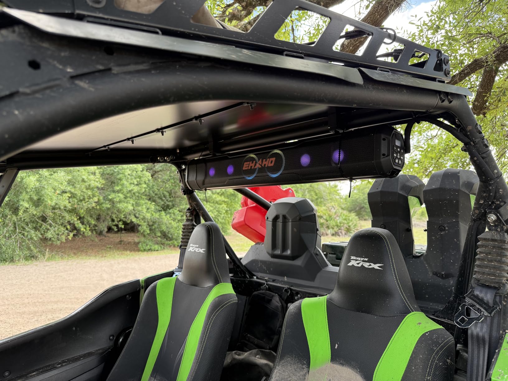 Ehaho 17'' UTV Sound Bar, Golf Cart Speaker Bluetooth with RGB Party Lights | 4-Speaker SxS SoundBar, IP66 Waterproof ATV Speaker System with EQ, Party Mode, RF Remote, AUX for Polaris RZR CFmoto Can-Am customer photo 1