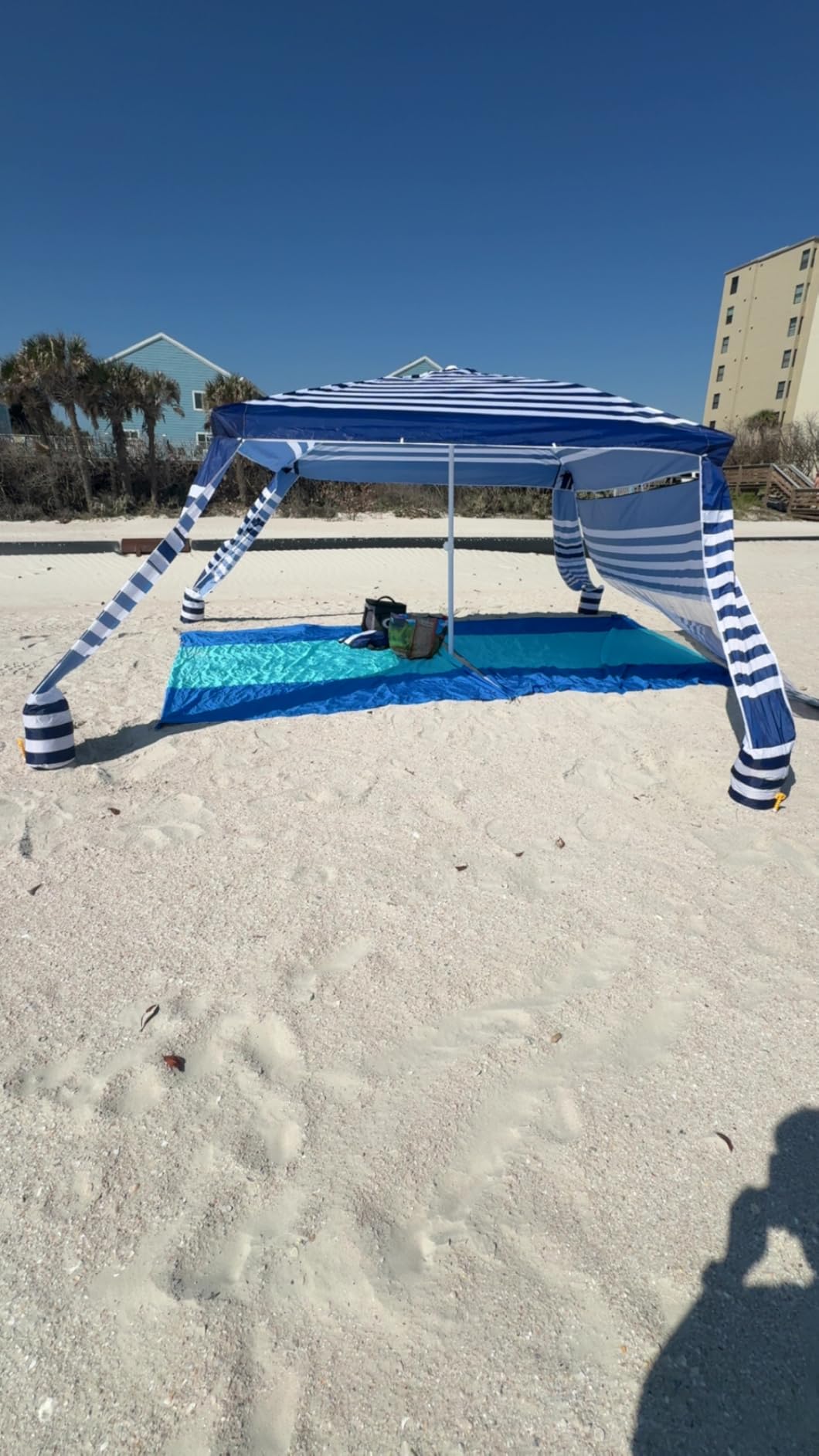 MoKo Beach Cabana, 8'×8' Large Beach Canopy with Side Wall, UPF 50+ Protection Easy Setup Beach Tent Sun Shelter, Adjustable Height Wind Resistant Cabana Beach Tent for Whole Family, Navy Stripes customer photo 2