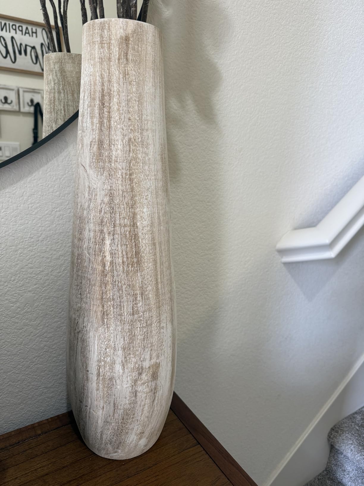 Hanobe Tall Wood Floor Vase for Pampas Grass, 22 in, Boho Beige | Paulownia wood grain with whitewashed finish, for rustic, farmhouse living room decor, break-resistant, pet-friendly customer photo 2