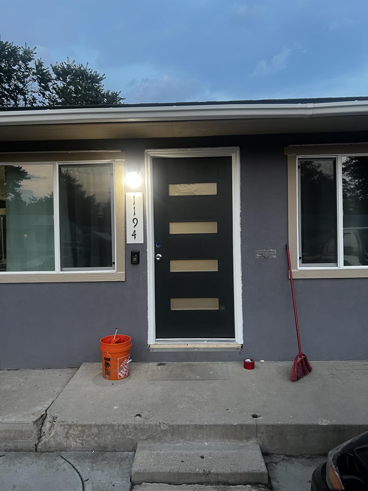 36x80'' Fiberglass Front Door, Frosted Glass, 4-9/16'' Vinyl Frame | Right-Hand Inswing Contemporary Exterior Door, Web Gray, Frosted & Low-E Glass, Brickmould Included, Knock-Down Design customer photo 2